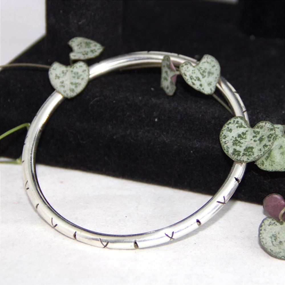 Vintage Taxco Mexico Sterling Silver Etched X Bangle Bracelet 925 TP-104 8in